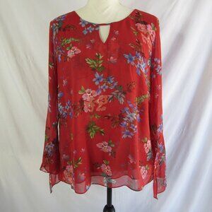 CAbi Blouse Devoted Style #3590 Red Floral Long Bell Sleeves Vintage Size Large